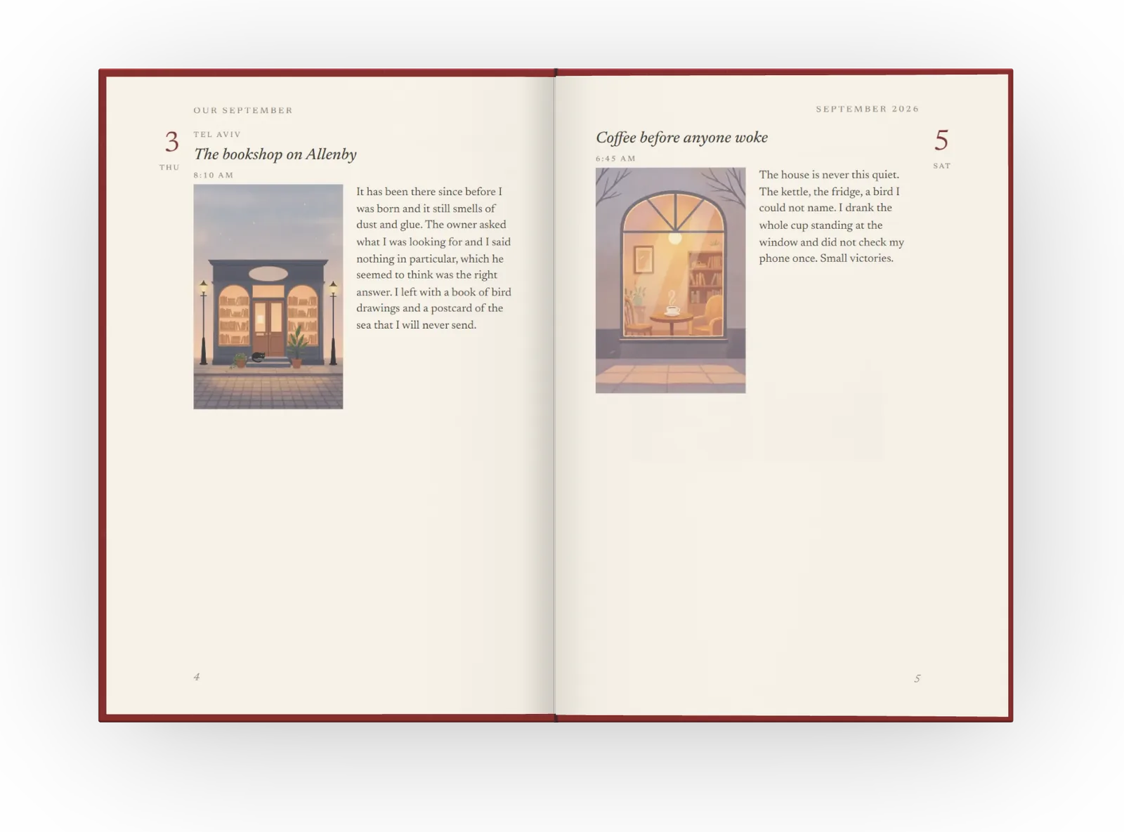The sample book Our September lying open on a spread of dated diary entries with photos